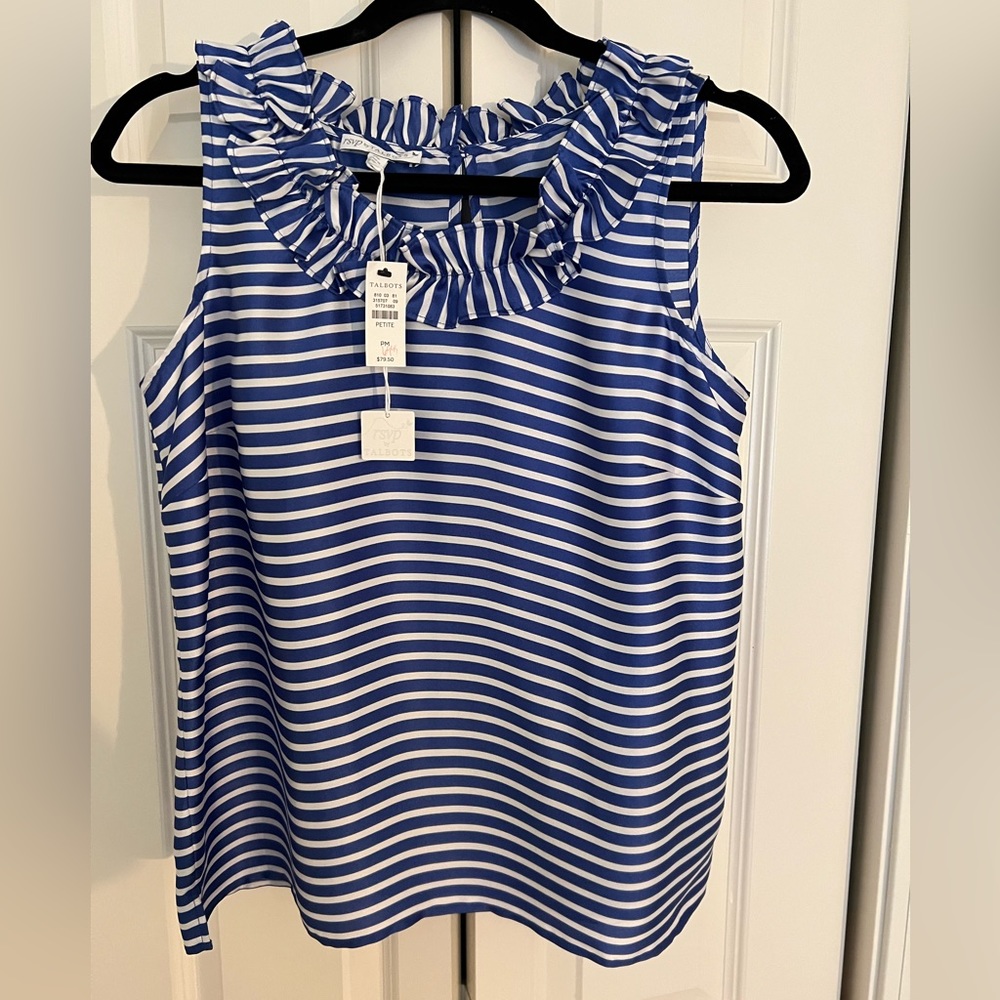 Talbots Women's Blue and White Sleeveless Ruffled Neck Blouse